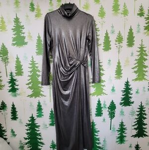 Tommy Hilfiger Silver Shimmer Ruched  Long Sleeve Dress.